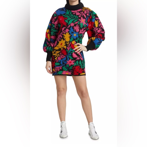 FARM Rio Dresses & Skirts - Farm Rio Tropical Garden Mock Turtleneck Sweater Dress Floral Print Size Medium